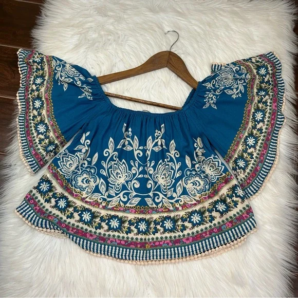 Natural Life SABRINA Cropped Top Shirt Womens Small Blue Floral Boho Beach - Picture 10 of 12